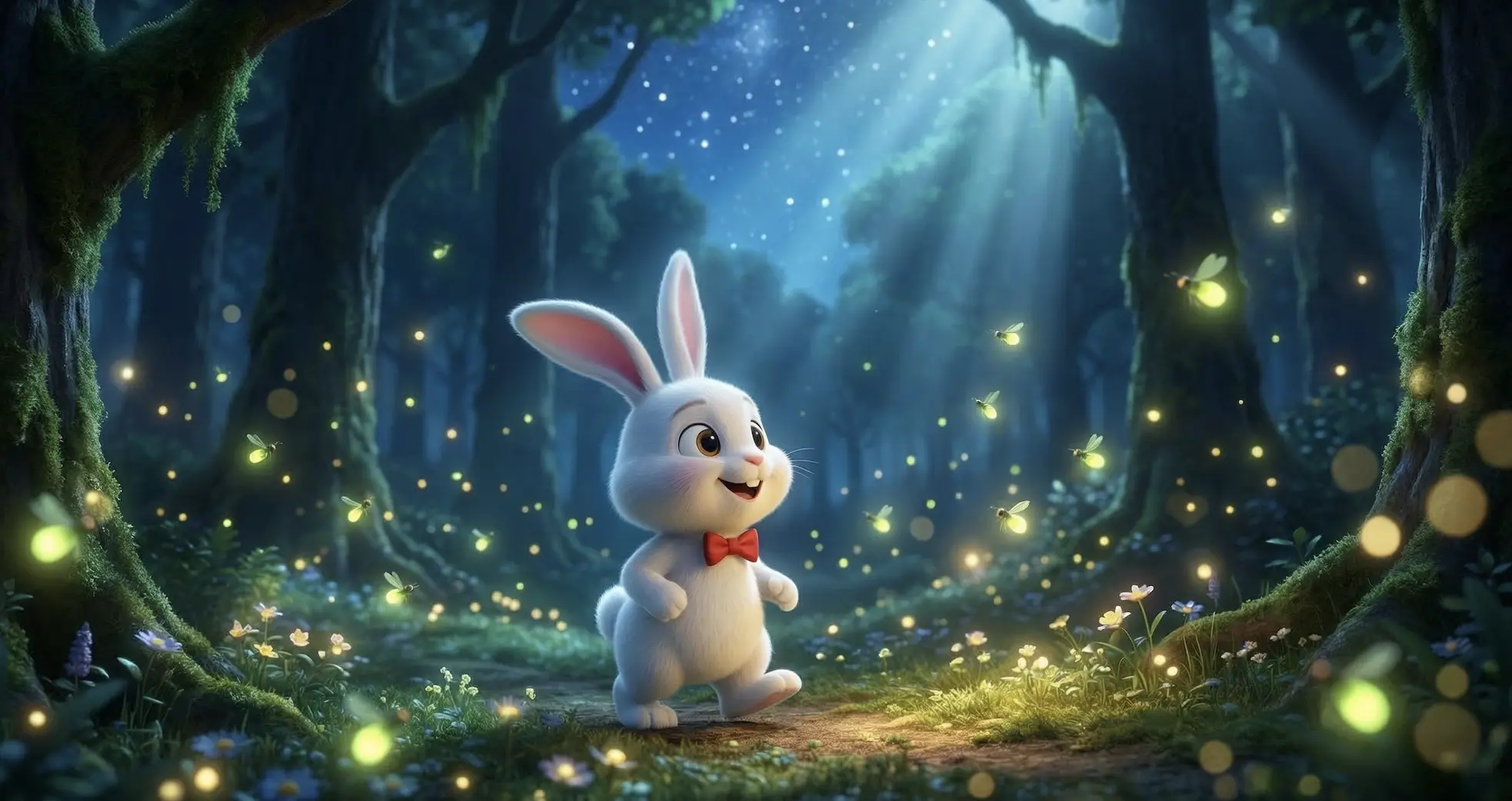 Húsvéti Nyuszi varázslatos réten tojásokkal és virágokkal