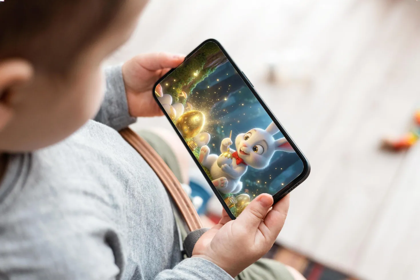 Gyerek nézi a Húsvéti Nyuszi videóját telefonon